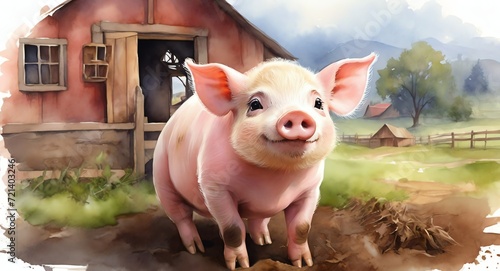 Watercolor hand painted cute pig on the farm from Generative AI