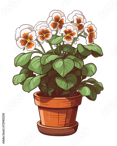 Illustration of a pansy flower in a pot on transparent background