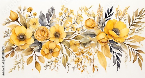 Yellow watercolor hand paint arrangements of flowers, wildflowers, leaves, and branches with botanical theme from Generative AI