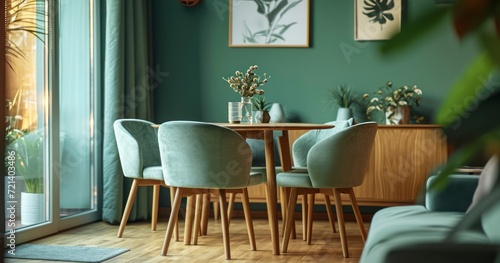 Mid-Century Inspired Living Room with Mint Chairs  Wooden Dining Table  Cozy Sofa  and a Cabinet Against a Green Wall