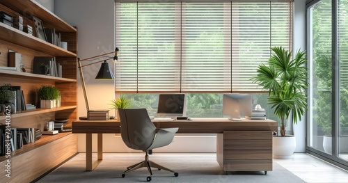 A Fashionable Office Interior with Designer House Lighting  Complemented by Elegant Window Blinds