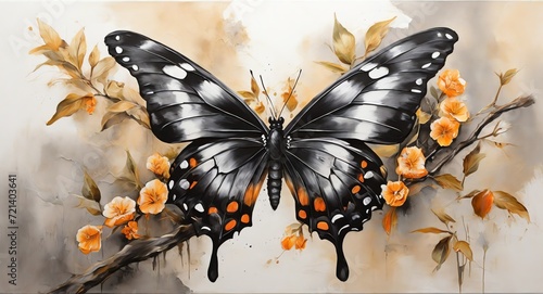 Oil hand painting on canvas of black butterfly on a tree branch, visible brush strokes watercolor from Generative AI