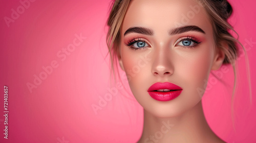 a woman with a pink lipstick and a pink background