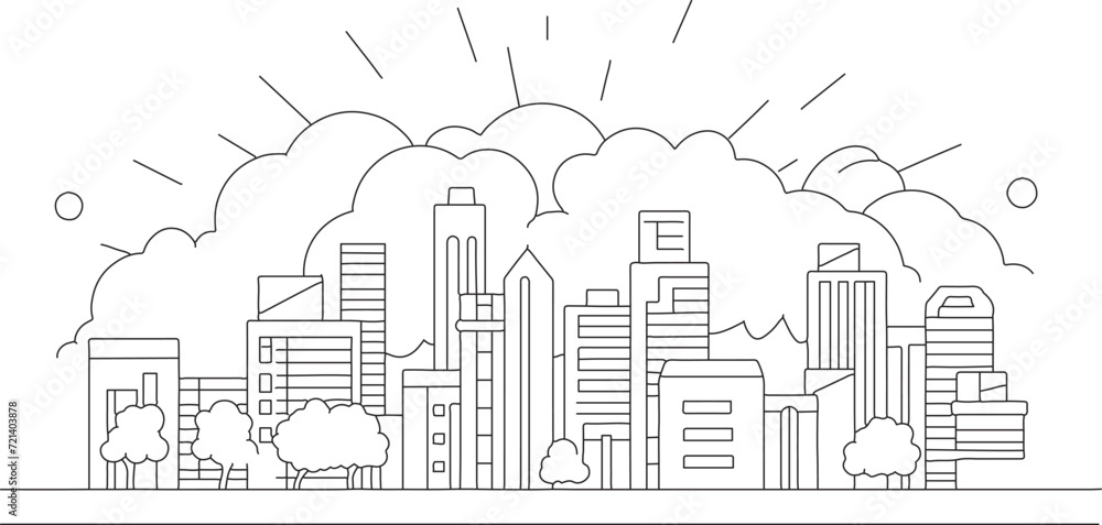 A continuous line drawing of iconic buildings and a setting sun in the background vector illustration