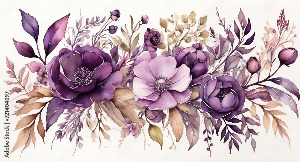 Purple watercolor hand paint arrangements of flowers, wildflowers, leaves, and branches with botanical theme from Generative AI