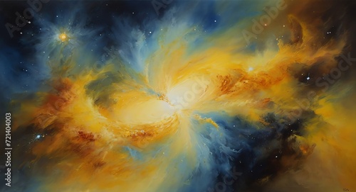 Oil hand painting on canvas of yellow space nebula galaxy abstract, visible brush strokes watercolor from Generative AI