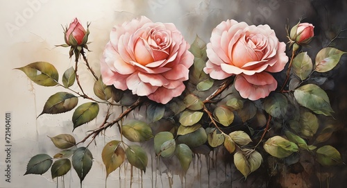 Oil hand painting on canvas of rose on a branch with leaves  visible brush strokes watercolor from Generative AI