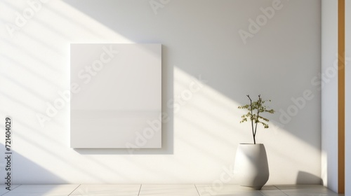 Architectural simplicity  a white canvas hung on a well-lit wall  enhancing the contemporary design of the space.