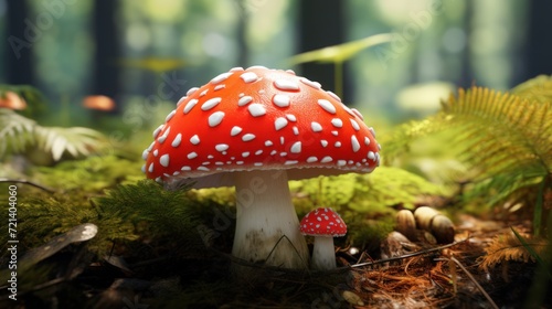 Forest festival: close-up of a fly agaric with a red cap and white dots growing among a grassy forest.