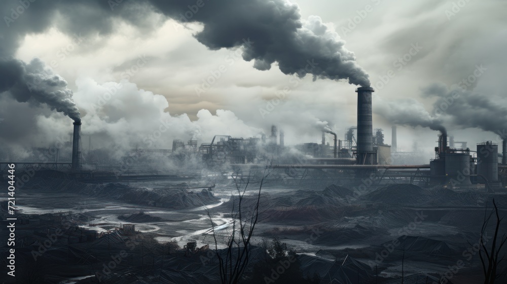 Atmospheric pollution: Industrial plant on outskirts emits smoke, creating a gray environmental backdrop.