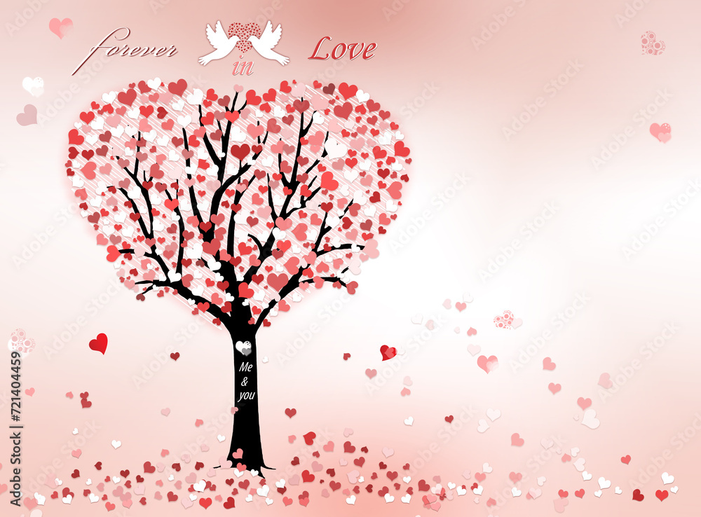  Valentine's day tree with hearts and two white doves in love flying over a tree. Valentines day tree of love greeting card concept .Free copy space.
 