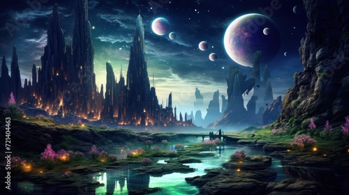 Sci-Fi Wilderness  A surreal nightscape on an alien planet  full of rocks  water and exotic plants  with several satellites in the night sky.