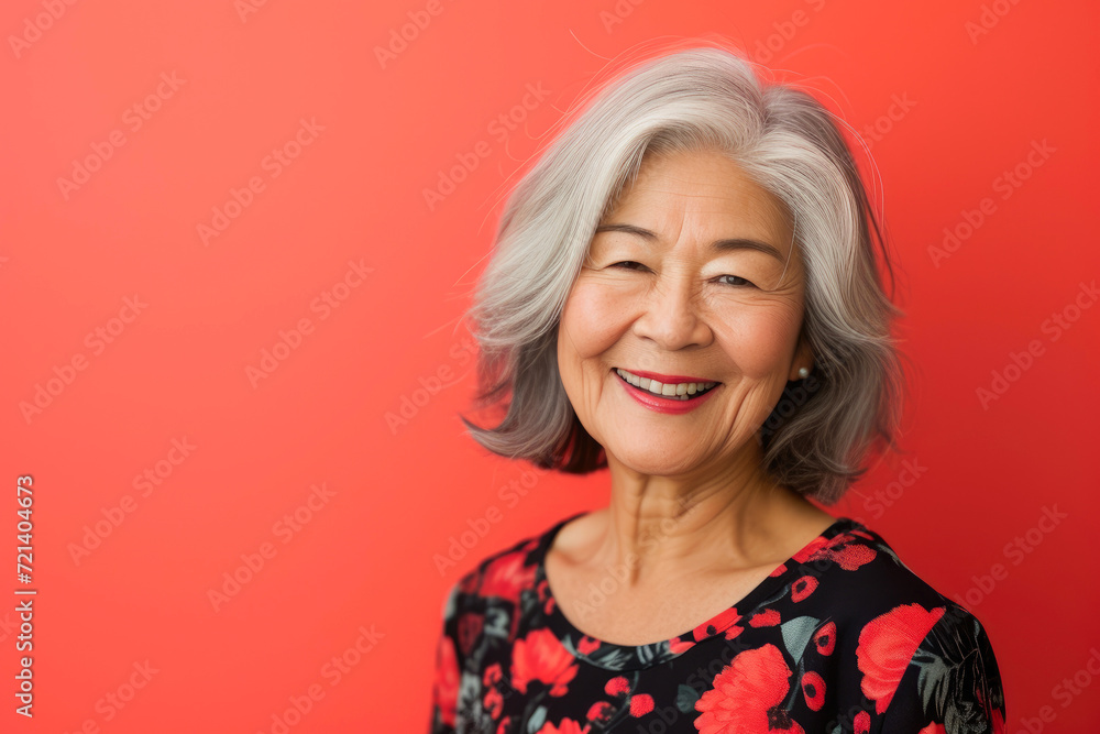Mature Japanese Woman Beaming in Coral