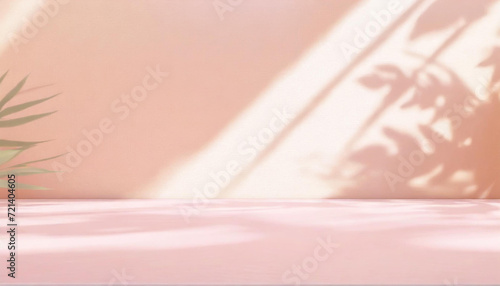 Gradient pink studio backdrop stage for product presentations. Empty room with shadows from windows, flowers, and palm leaves, Dynamic atmosphere. 3D room wall summer blurred backdrop. Copy Space.