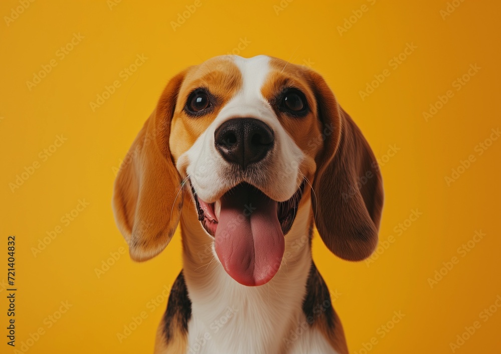 Happy Beagle Dog Against Yellow Background