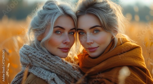 Two young women capture the essence of winter in their fashionable shawls as they smile brightly for a portrait amidst the lush green grass