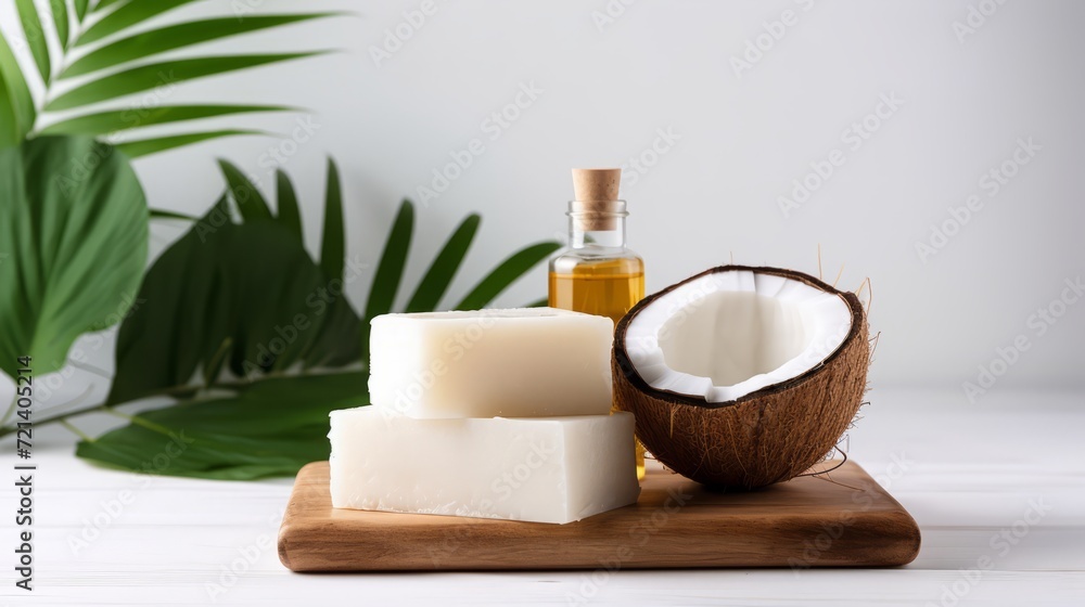 Soap with Coconut oil Extract. Coconut soap with dry Coconut. Copy space. Horizontal banner. Minimalism.
