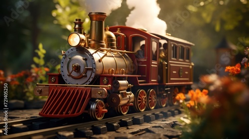 The meticulously designed model railroad toy invites you into a world of imagination with a locomotive and cars on detailed tracks.