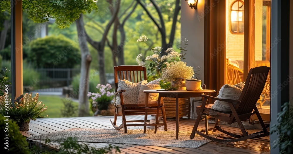 A Cozy Outdoor Setting with Wooden Table and Chairs on a Home Terrace Amidst Summer Gardens
