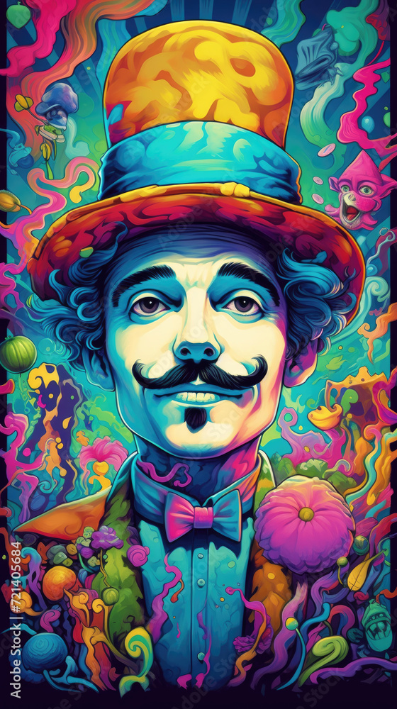 hatter with a mustache with watercolor splashes in the style of pop art, сolorful, vivid hatter with a mustache with watercolor splashes in the style of pop art, сolorful, vivid