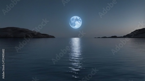 moonlight over the sea  A blue moon over water, illustrating the depth and the darkness of water. The moon is dark and gray   photo