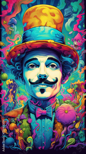 hatter with a mustache with watercolor splashes in the style of pop art, сolorful, vivid