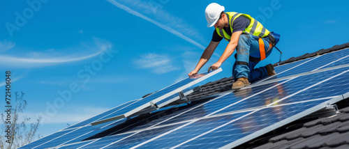 Technician in safety gear meticulously installs solar panels, harnessing the sun's power under a clear blue sky