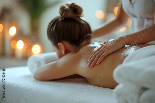 Back view Relaxation woman back massage with masseur in cosmetology spa centre.