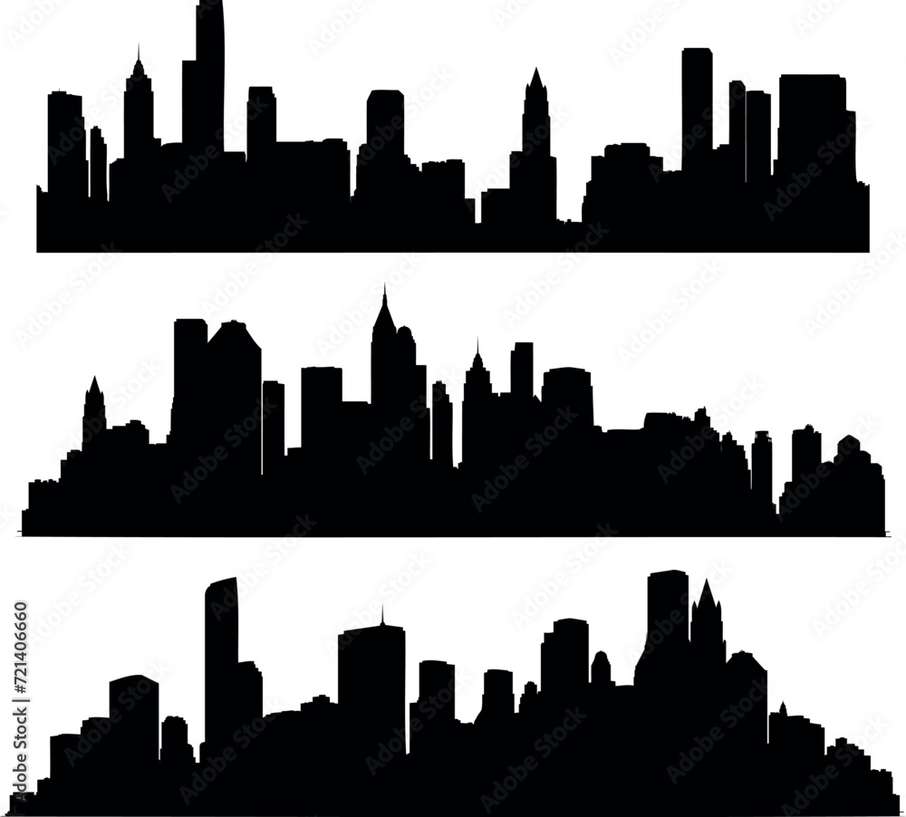 Cityscape silhouette vector, urban skyline isolated on white. Modern city architecture, skyscrapers, buildings outline. High contrast black and white design for web, backdrop, overlay