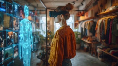 a stylish woman standing in a soho loft while looking at an virtual reality avata