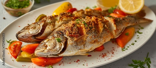 Delicious Fresh Fish with Juicy Tomatoes, Crispy Onions, and Vibrant Green Pepper and Carrots: A Fresh Fish Feast that's Truly Fresh, Fresh, Fresh