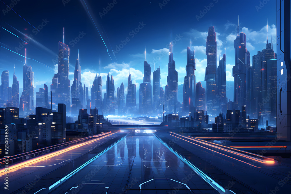 Sci fi cyberpunk cityscape with holograms background 