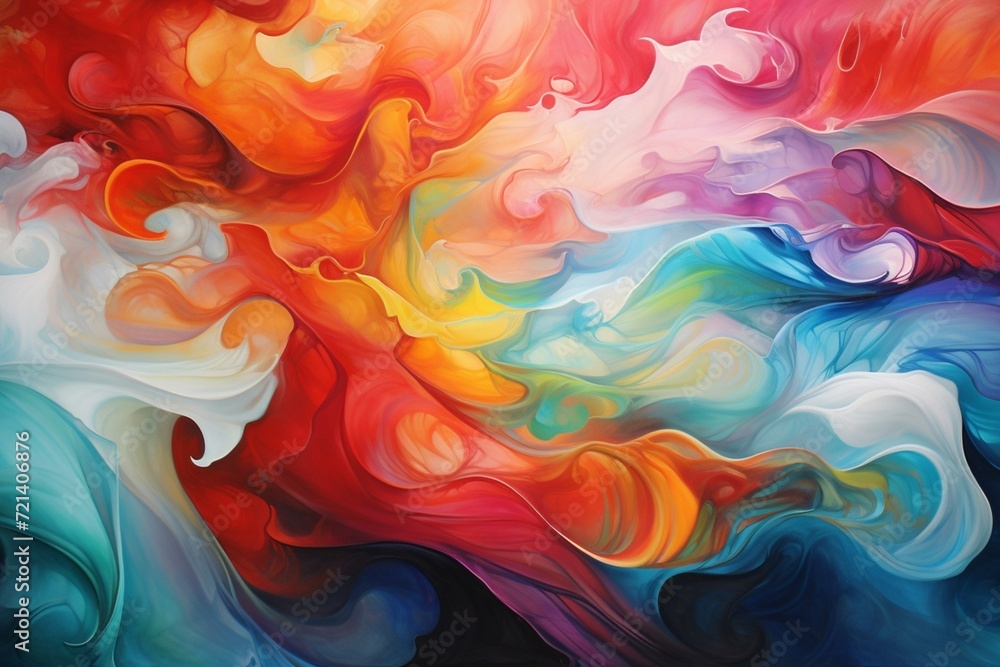 An abstract painting of swirling, bright colors.