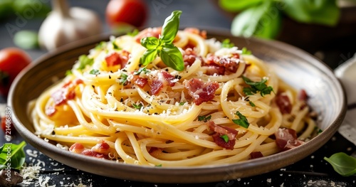Taste of Italy - A Mouthwatering Carbonara Meal, Perfectly Blending Spaghetti, Bacon, and Cheese