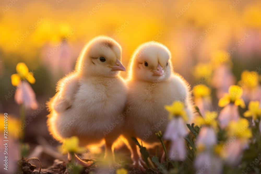 baby chicks flocking to eachother in a field of yellow flowers