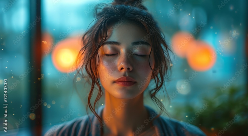 Captured in soft light, a woman's closed eyes reveal a sense of vulnerability and introspection, highlighting the beauty and complexity of the human face in this striking portrait photograph Captured in soft light, a woman's closed eyes reveal a sense of vulnerability and introspection, highlighting the beauty and complexity of the human face in this striking portrait photograph