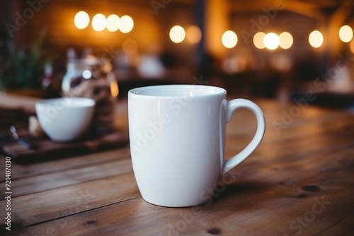 A white coffee mug on a rustic wooden table in a cozy café ambiance. photo
