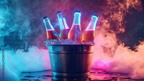 Chilled Refreshment: A Bucket of Ice-Cold Beer Bottles on Ice for a Perfect Summer Day