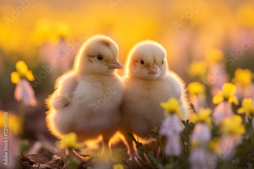 baby chicks flocking to eachother in a field of yellow flowers