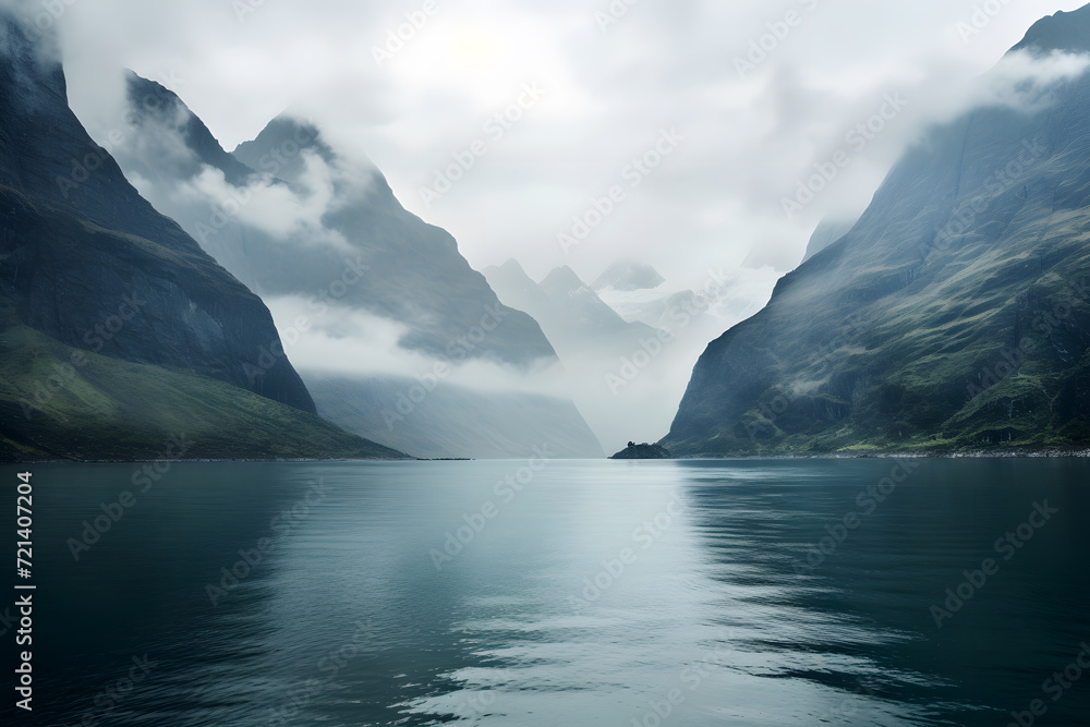 Serene lake surrounded by mountains background