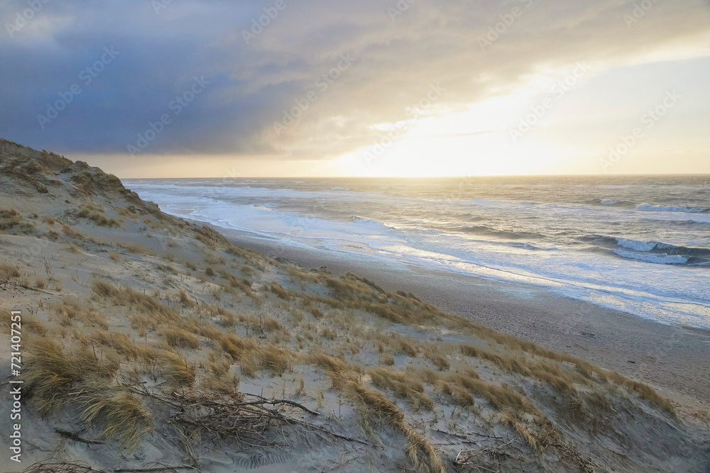 Storm on the North Sea at sunset in Denmark