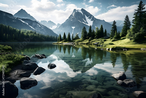 Serene lake surrounded by mountains background photo