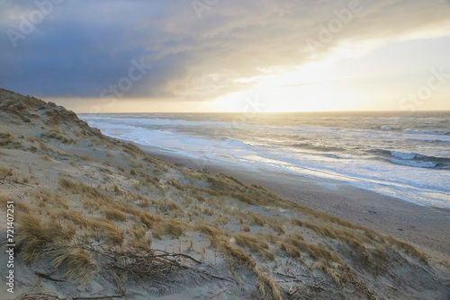 Storm on the North Sea at sunset in Denmark