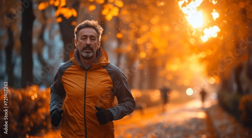 A lone man, dressed in an amber jacket, sprints through the park, his face flushed with heat as the sunset casts a warm glow over the autumn trees