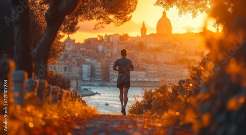 A lone figure races through the sweltering heat of the outdoors, the fiery glow of the setting sun casting a silhouette against the towering cityscape and surrounding trees