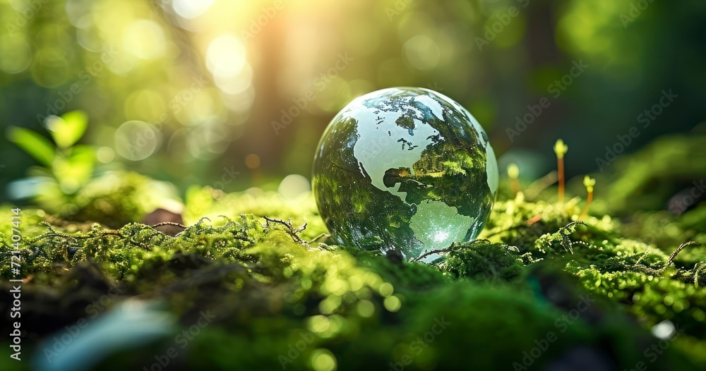 The Concept of Environmental Protection Captured Through a Globe Nestled in a Sunlit, Mossy Forest The Concept of Environmental Protection Captured Through a Globe Nestled in a Sunlit, Mossy Forest