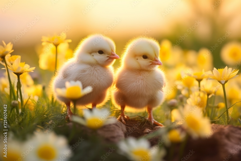 chicks with flowers in the grass