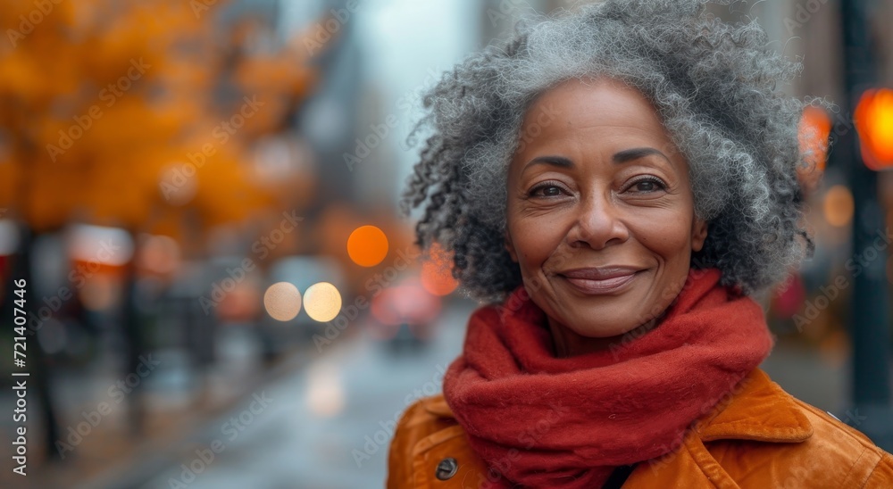 A vibrant and confident woman radiates joy as she poses for a street portrait, her warm smile and stylish clothing capturing the essence of human connection A vibrant and confident woman radiates joy as she poses for a street portrait, her warm smile and stylish clothing capturing the essence of human connection