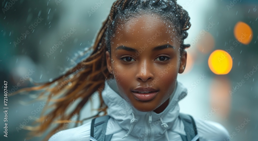 A young woman with striking dreadlocks and a determined expression gazes out from the rain, her wet hair clinging to her face as she wears a confident smirk and bold clothing A young woman with striking dreadlocks and a determined expression gazes out from the rain, her wet hair clinging to her face as she wears a confident smirk and bold clothing