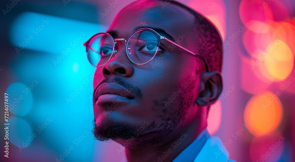 A bespectacled man gazes off into the light, his face reflecting both intelligence and style in his choice of eyewear and clothing A bespectacled man gazes off into the light, his face reflecting both intelligence and style in his choice of eyewear and clothing